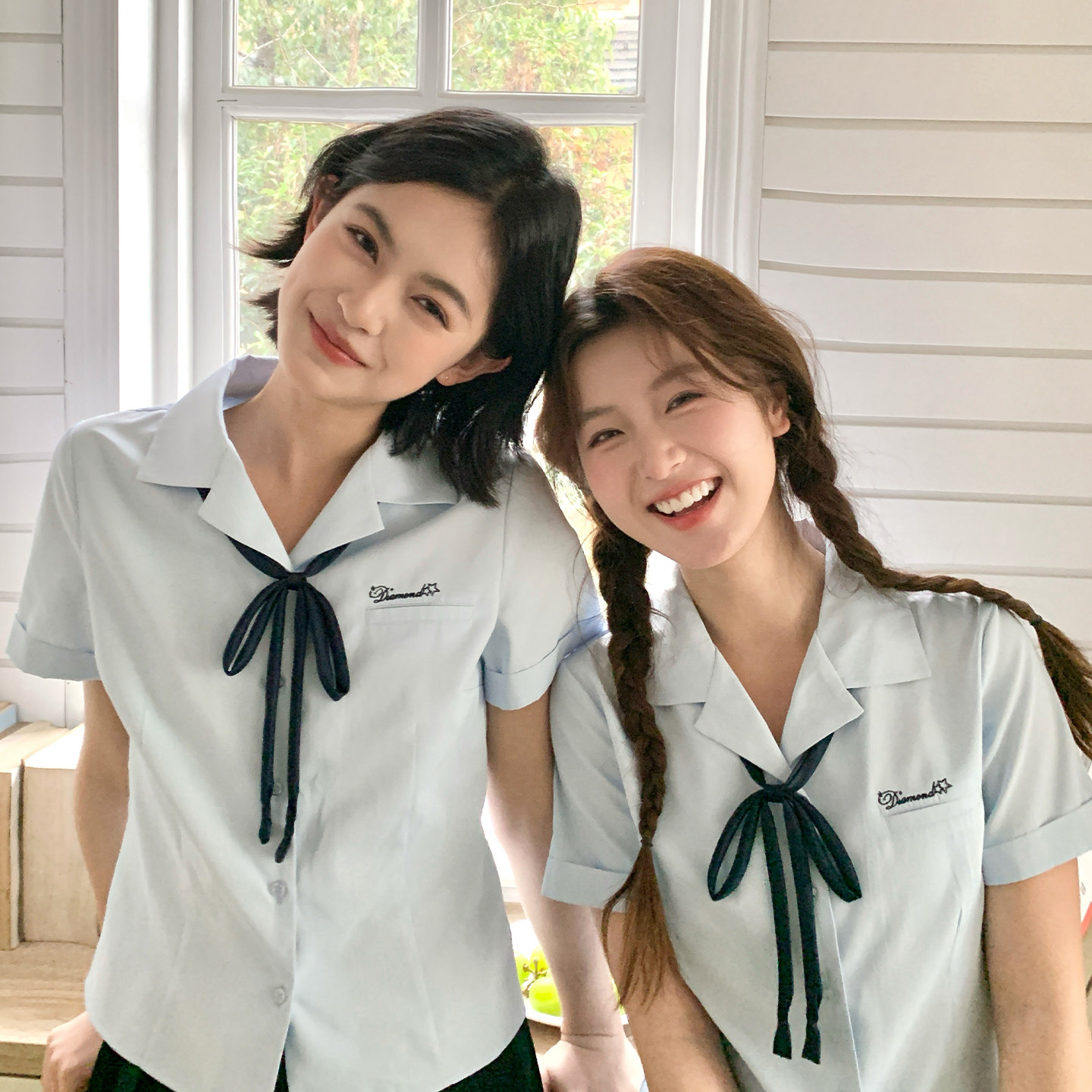 东京岁时记jk新款学院风蓝色短袖衬衫女夏西装领百搭休闲制服套装