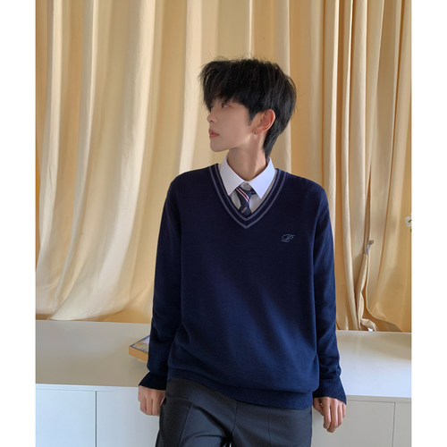 东京岁时记dk秋冬新款藏青色V领套头毛衣男学院风休闲针织衫上衣