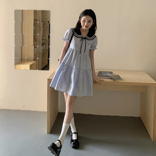 海边蓝色连衣裙海军领连衣裙