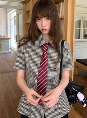 东京岁时记jk短袖衬衫灰色格子小衫独特漂亮巨好看上衣收腰显瘦夏