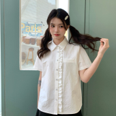 女百搭基础款 东京岁时记jk夏季 衬衫 白色短袖 前襟花边衬衣 新款