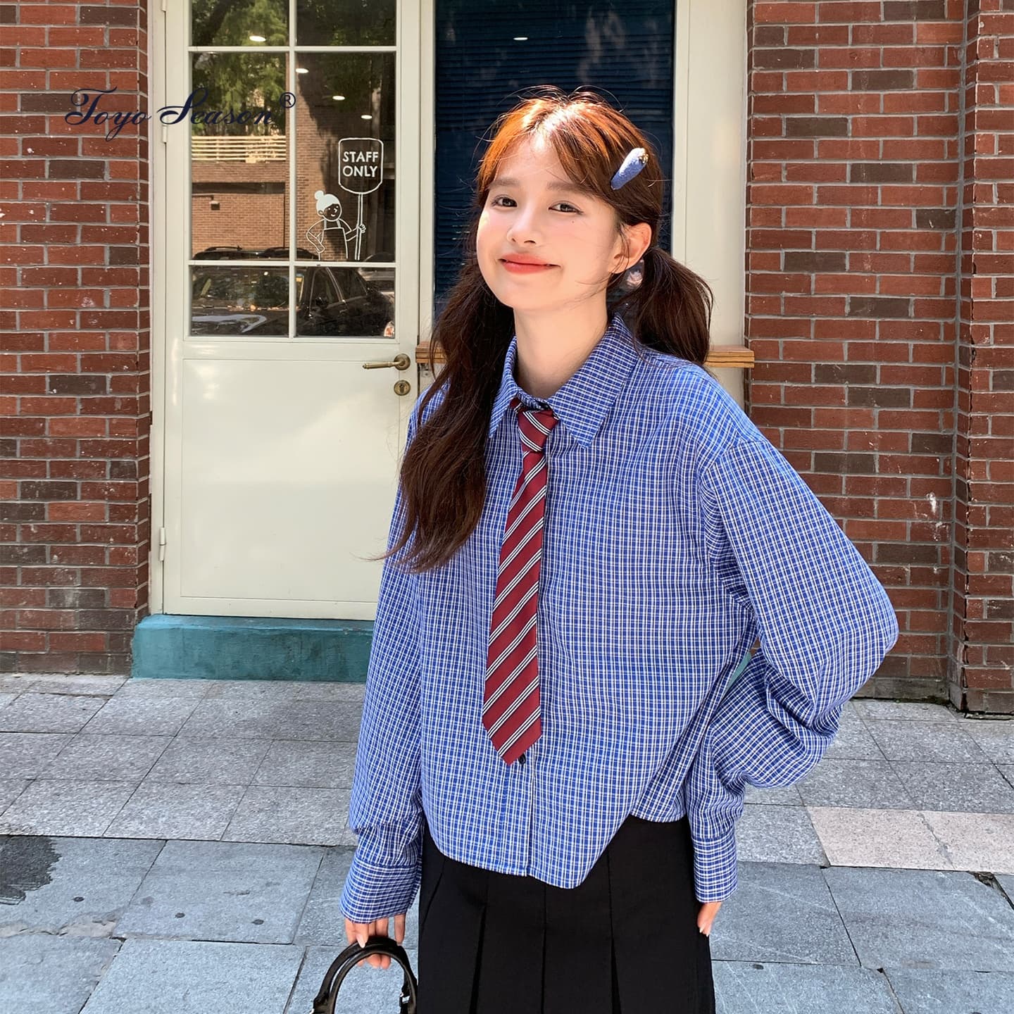 东京岁时记jk蓝色格子长袖衬衫慵懒学院风减龄小衫上衣女装秋衬衣