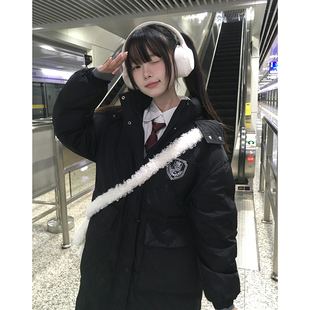 藤野高学院风中长款羽绒服连帽冬季黑色女款保暖外套东京岁时记JK
