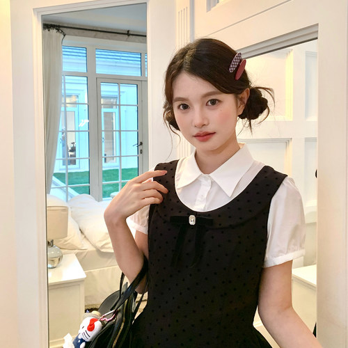 夏季甜美复古灰波点假两件连衣裙