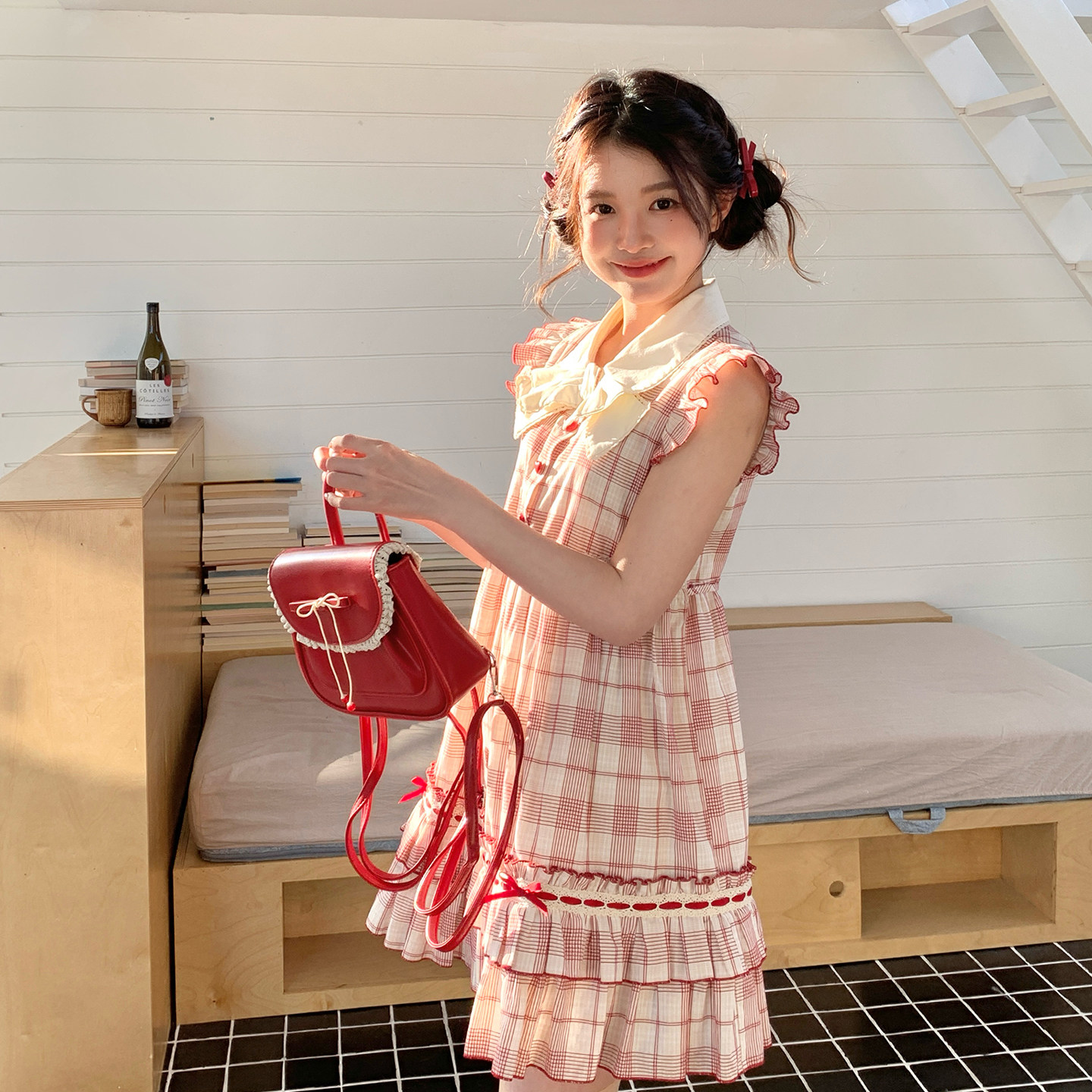 东京岁时记jk夏季新款红格米色少女格纹连衣裙可爱减龄花边蛋糕裙