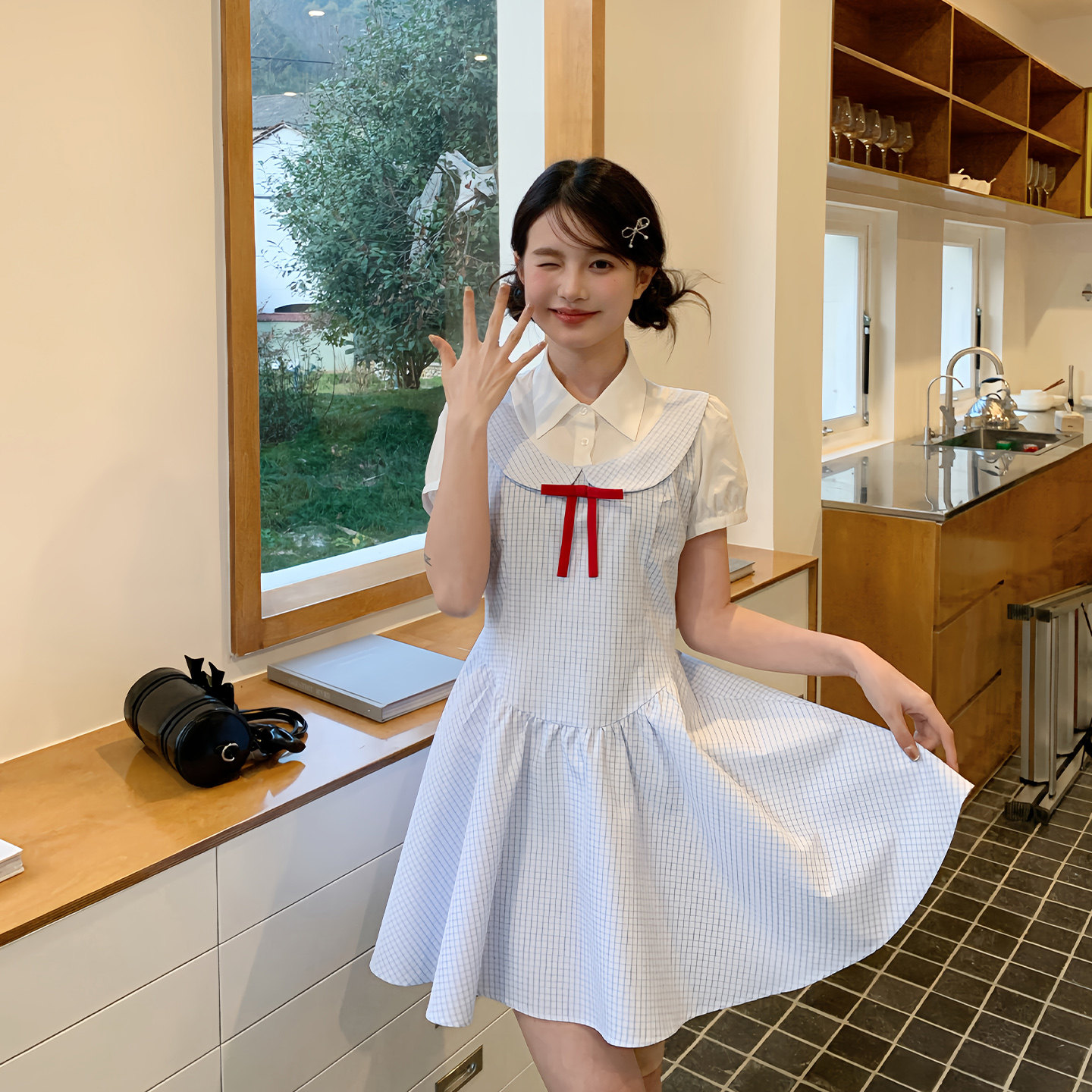 东京岁时记jk夏季甜美假两件蓝格短袖连衣裙收腰显瘦格纹娃娃裙女