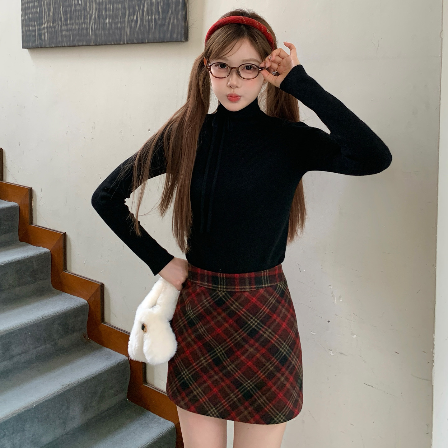 东京岁时记黑色高领蝴蝶结毛衣