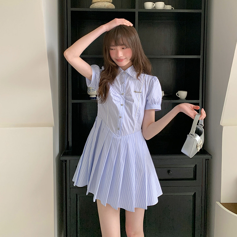 东京岁时记jk制服条纹衬衫泡泡袖百褶连衣裙女夏气质甜美夏日晚风