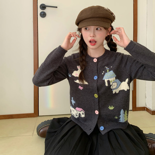 东京岁时记jk卡通针织开衫 学院风上衣宽松显瘦软糯灰色毛衣外套