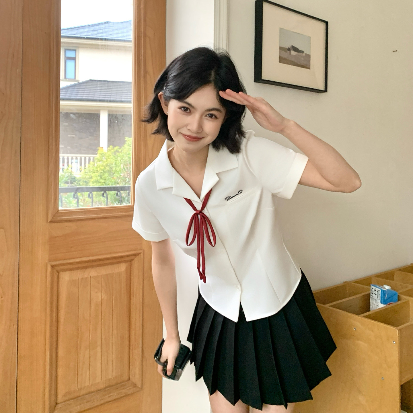东京岁时记jk白色西装领短袖衬衫女夏季学院风制服百褶裙校服套装