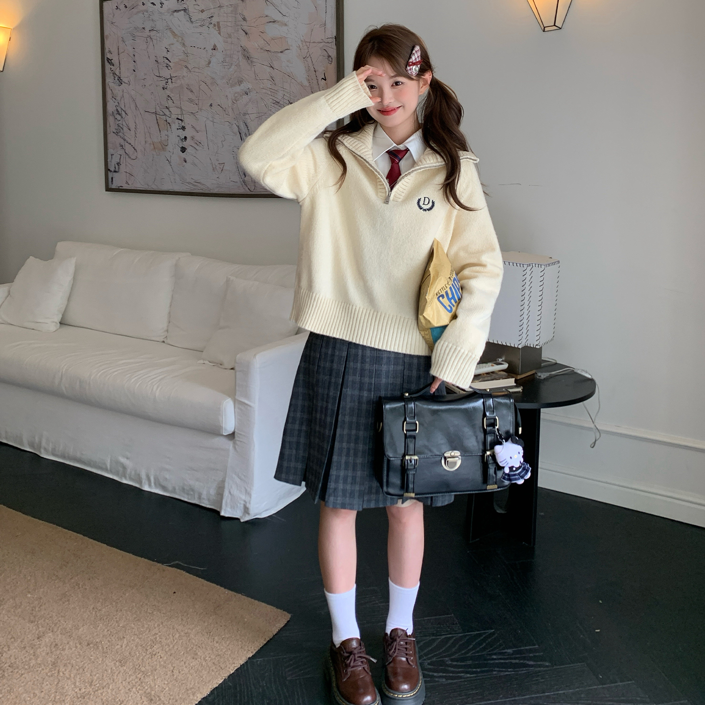 慵懒风翻领宽松毛衣学院风