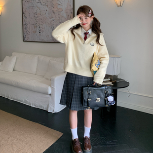 东京岁时记jk秋冬慵懒风翻领宽松毛衣学院风小个子显瘦米杏色上衣