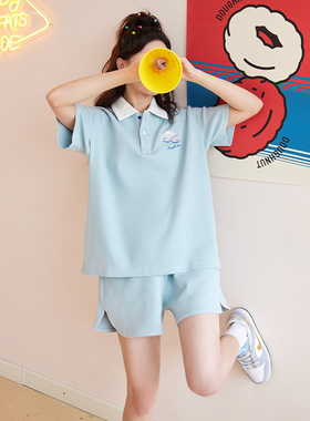 东京岁时记jk夏季韩系小清新运动少女云朵POLO衫上衣短裤蓝色套装