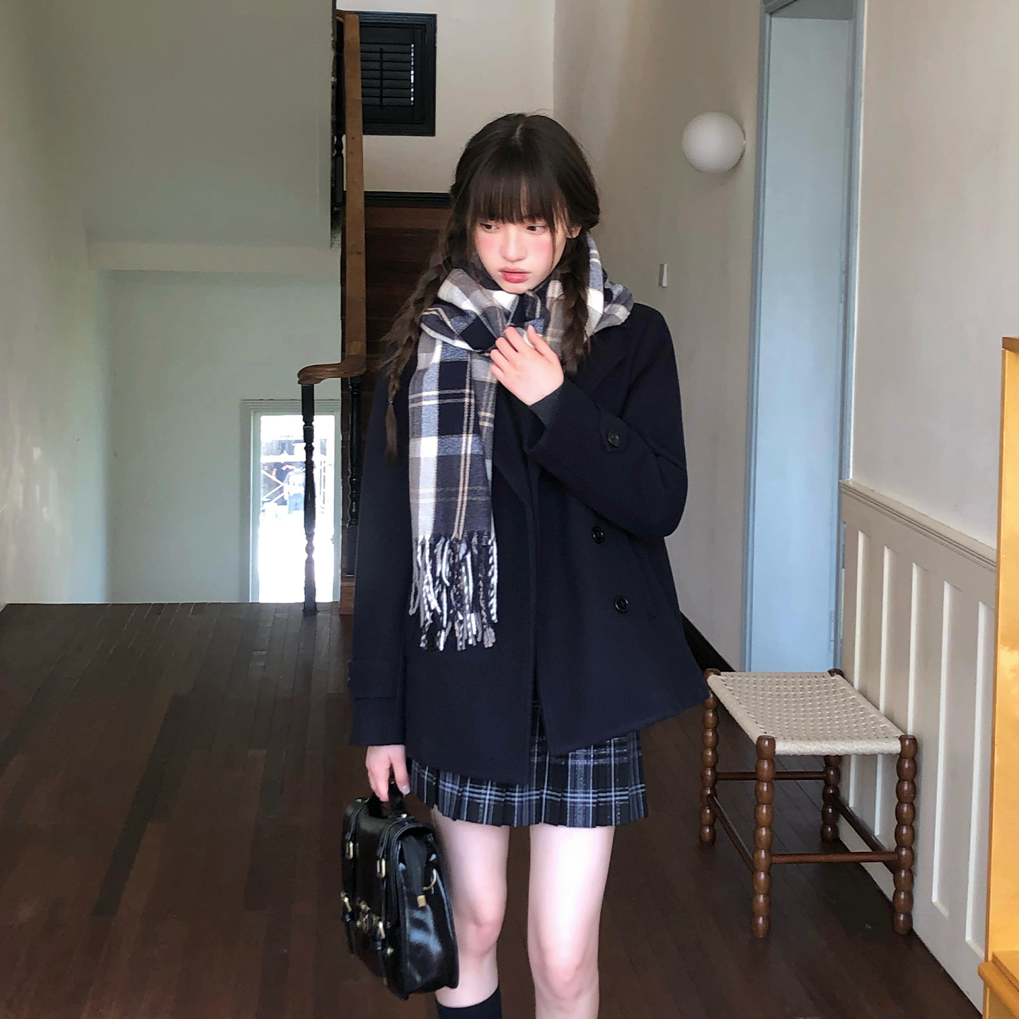 学院风双排扣大衣小个子