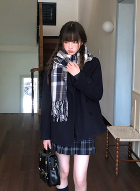 东京岁时记jk冬藏青色双排扣短款大衣小个子日系学院风西装领外套