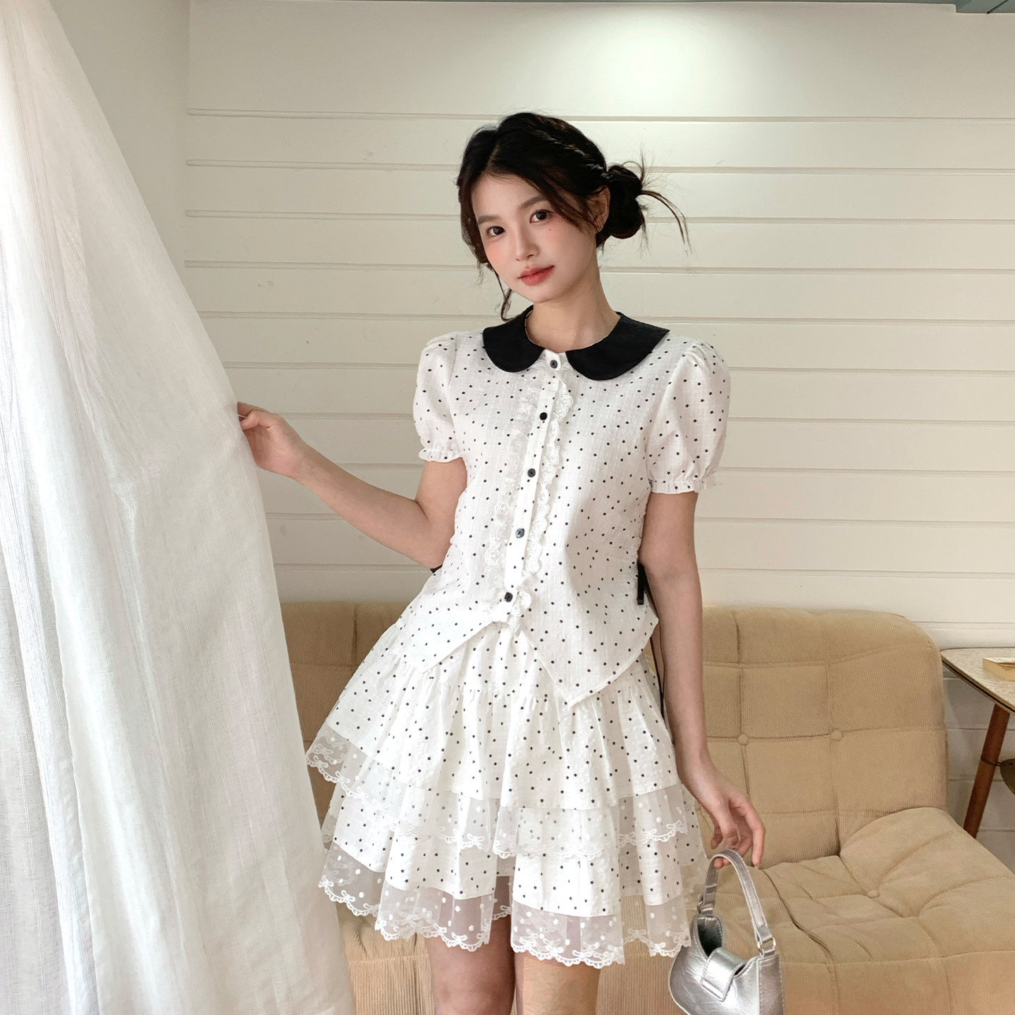 东京岁时记jk日系白色娃娃领波点衬衫小个子初夏季短裙套装女绝美