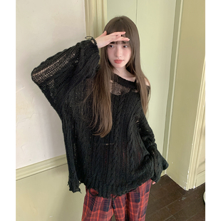 套头毛衣春慵懒风宽松显瘦镂空黑色针织衫 毛衣辣妹女东京岁时记jk