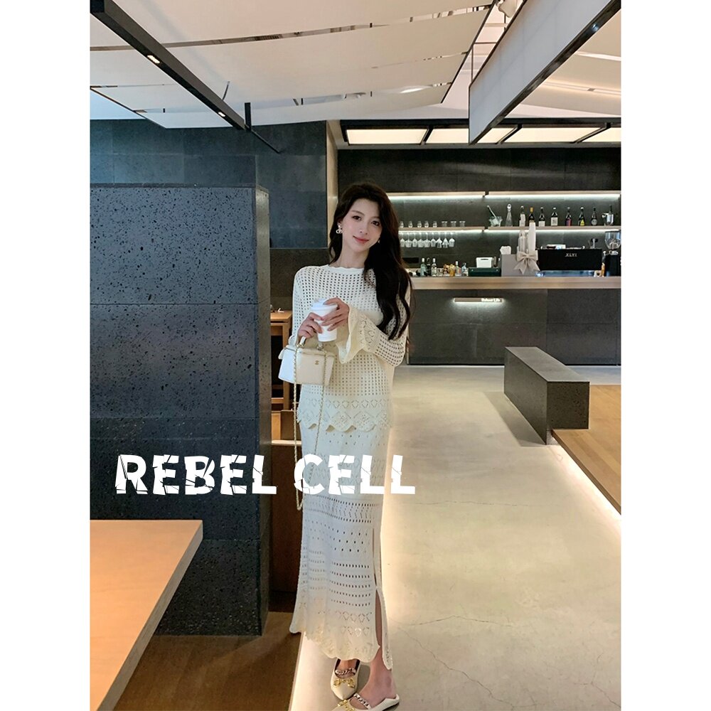 REBEL CELL法式名媛小香风温柔镂空针织衫套装裙秋款半身裙两件套