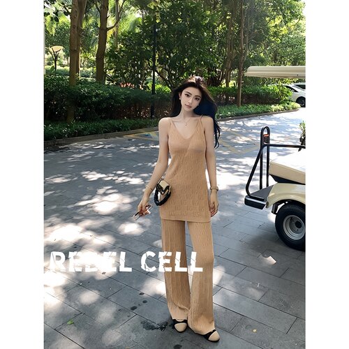 REBEL CELL松弛感清凉针织吊带长裤套装新款轻奢提花阔腿裤两件套