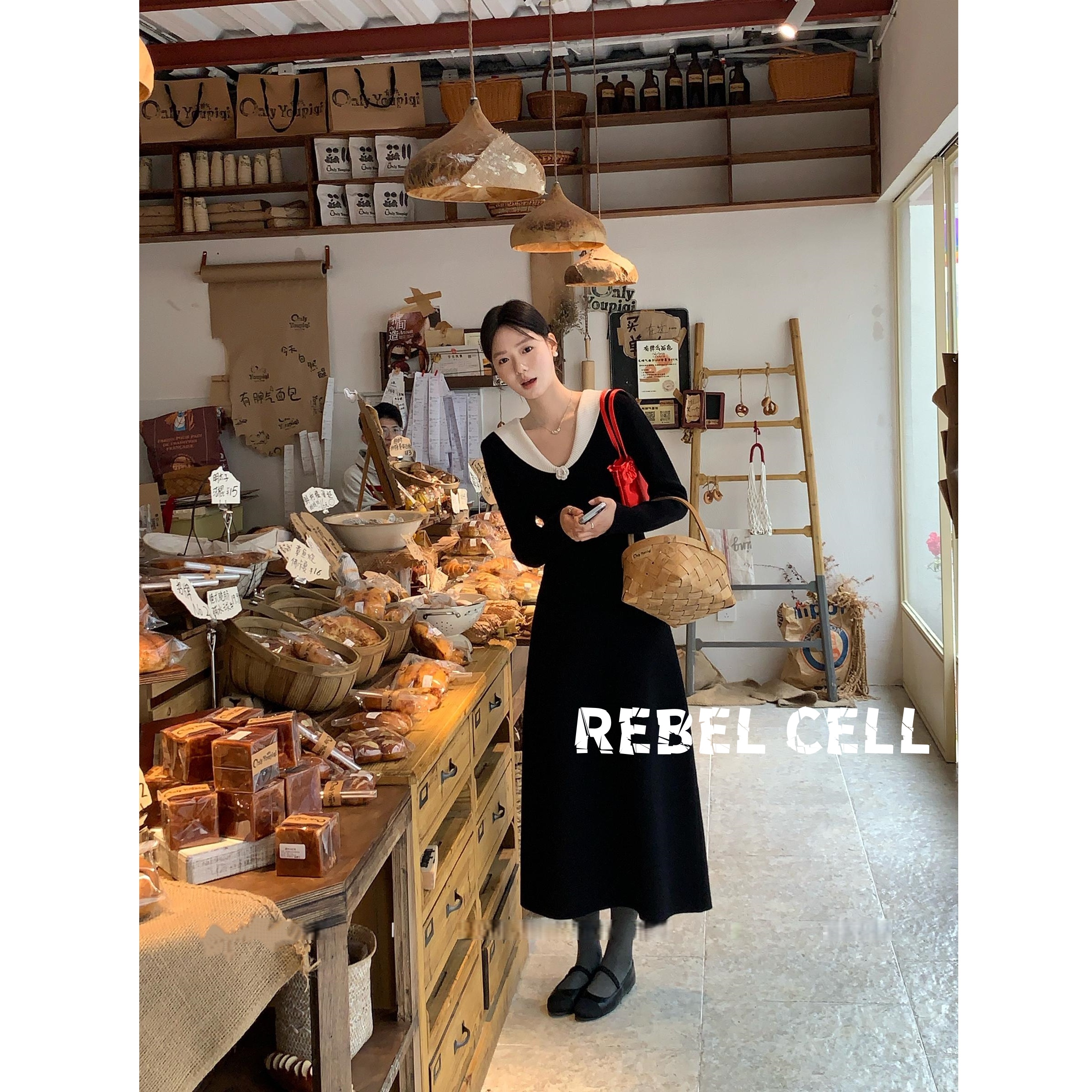 名媛气质淑女拼色针织裙秋