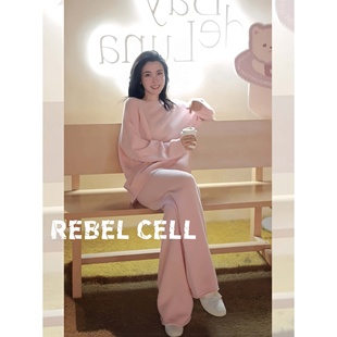 秋气质阔腿裤 套装 两件套 CELL慵懒风温柔软糯宽松粉色针织衫 REBEL