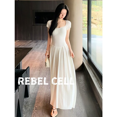 REBEL CELL韩系纯欲风方领针织连衣裙收腰显瘦温柔风白色A字长裙