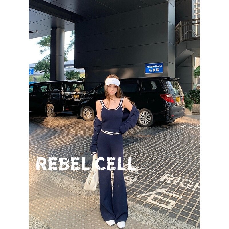 REBEL CELL早春美式甜心少女感针织外套/背心/长裤套装时髦三件套