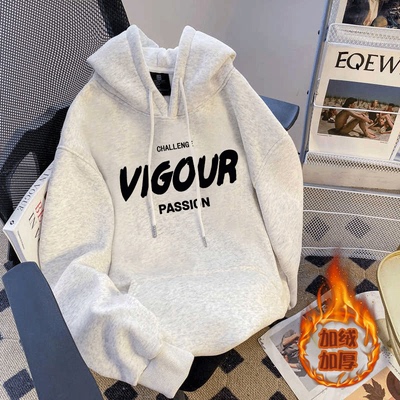 男女童一体绒连帽卫衣纯棉秋冬新款儿童加绒宽松字母百搭上衣外套