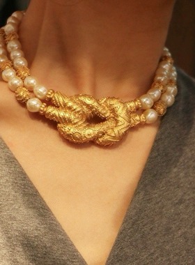 【中古风】新欧美vintage中古埃及艳后巴洛克珍珠古董项链锁骨链