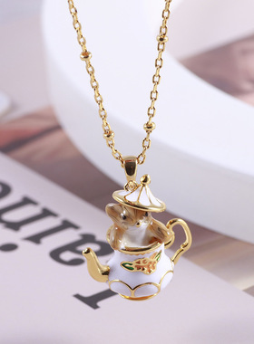 欧美饰品批发珐琅釉彩可爱趣味茶杯卡通萌款小老鼠系列时尚项链女
