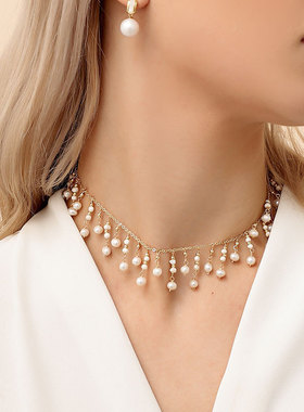 手工珍珠项链女百搭高级感小众天然淡水珍珠流苏锁骨链春夏脖颈链