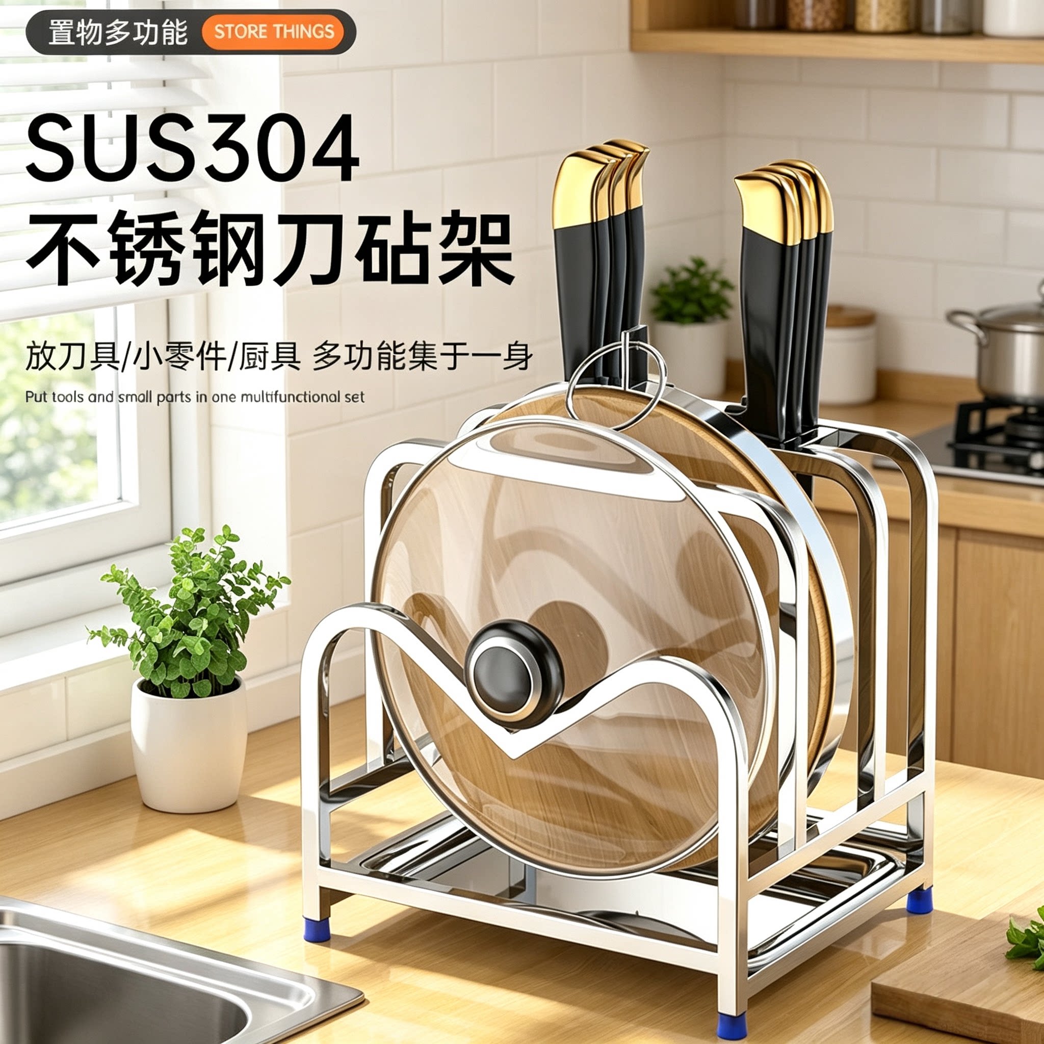 厨房加厚不锈钢刀锅铲一体刀架新款菜板案板放置器砧板锅盖置物架