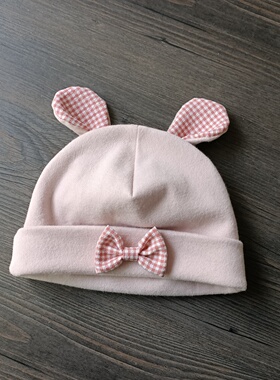 藕粉色小耳朵冬双层保暖婴儿帽女宝宝纯棉保暖婴幼儿护囟门帽