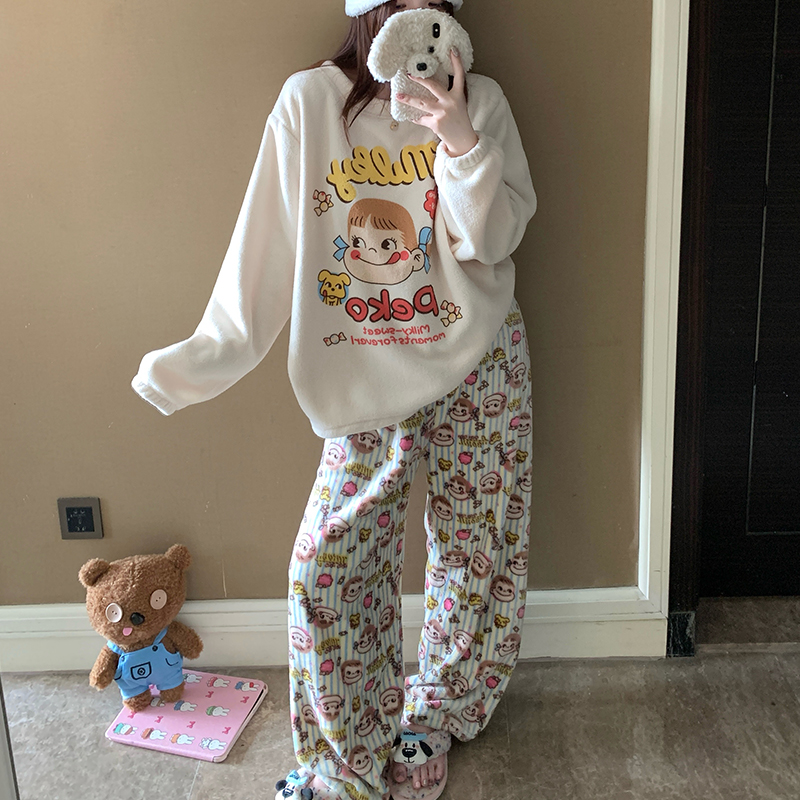 珊瑚绒睡衣女款秋冬季加厚保暖米粒绒学生日韩圆领冬款家居服套装