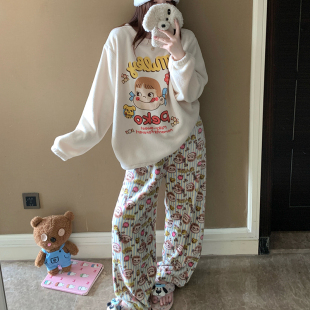 家居服套装 加厚保暖米粒绒学生日韩圆领冬款 秋冬季 珊瑚绒睡衣女款