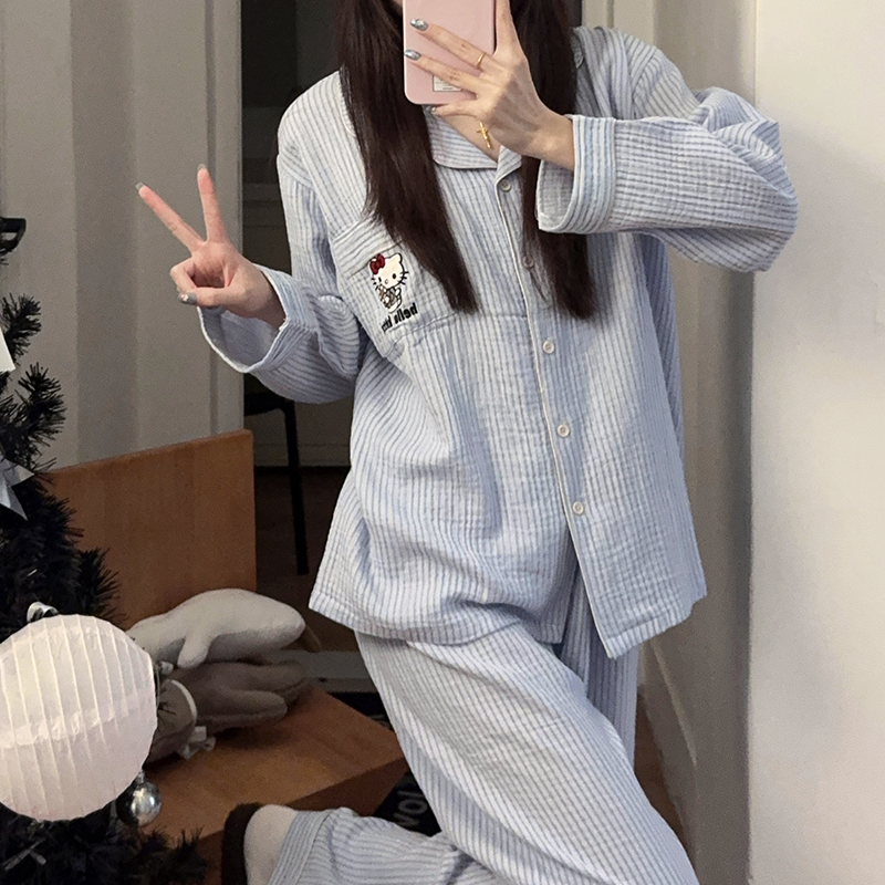 婴儿棉纱睡衣女春秋季纯棉长袖开衫宽松全棉100%棉秋款家居服套装