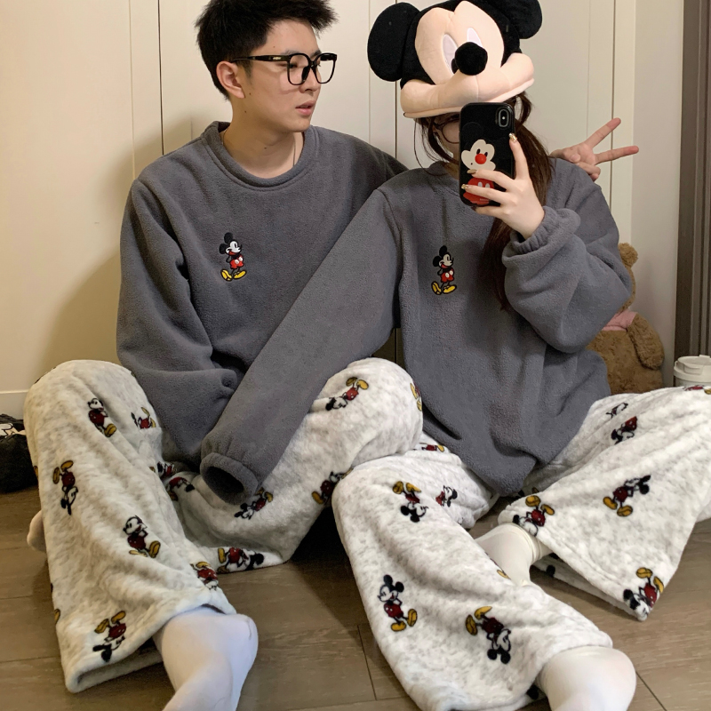 珊瑚绒情侣睡衣女秋冬季保暖厚款圆领套头男女宽松冬款家居服套装