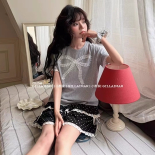 家居服套装 莫代尔带胸垫睡衣女款 短裤 夏季 韩系甜美显瘦蝴蝶结短袖