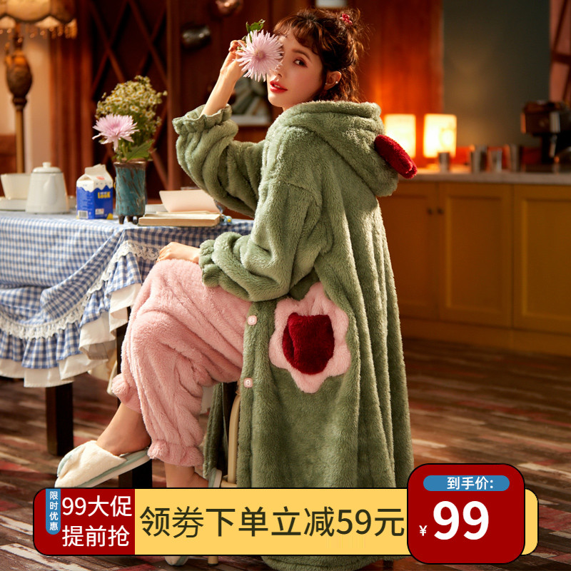 睡衣女秋冬款加厚加绒珊瑚绒睡袍加长款宽松版浴袍冬季家居服套装