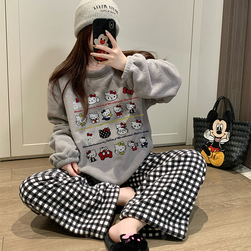 法兰绒睡衣女秋冬季加厚保暖珊瑚绒学生日韩圆领冬款家居服套装