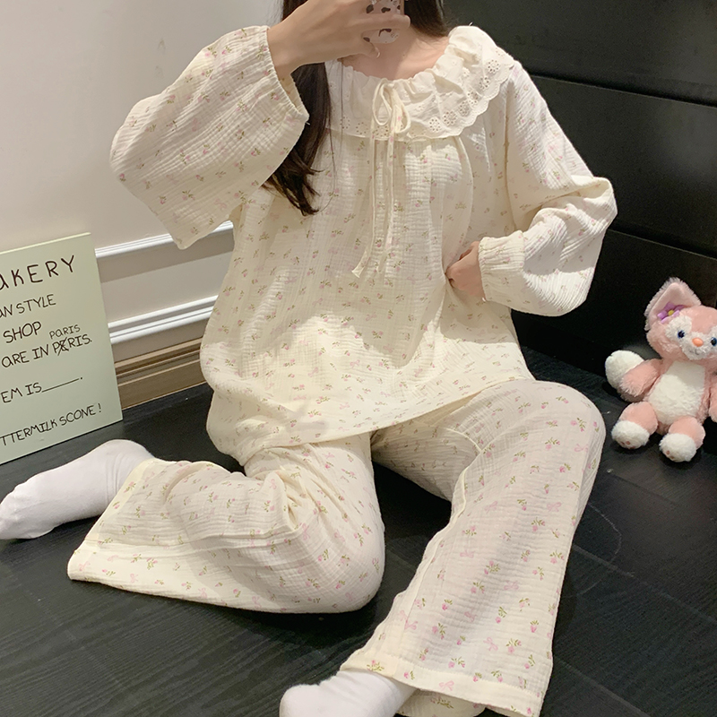 婴儿棉纱睡衣女春秋季长袖圆领套头甜美公主纯棉小清新家居服套装