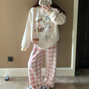 珊瑚绒睡衣女秋冬加厚保暖甜美可爱卡通少女学生米粒绒家居服套装