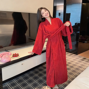 雪粒绒睡袍女冬季加厚保暖浴袍睡衣珊瑚绒V领子红色家居服中长款