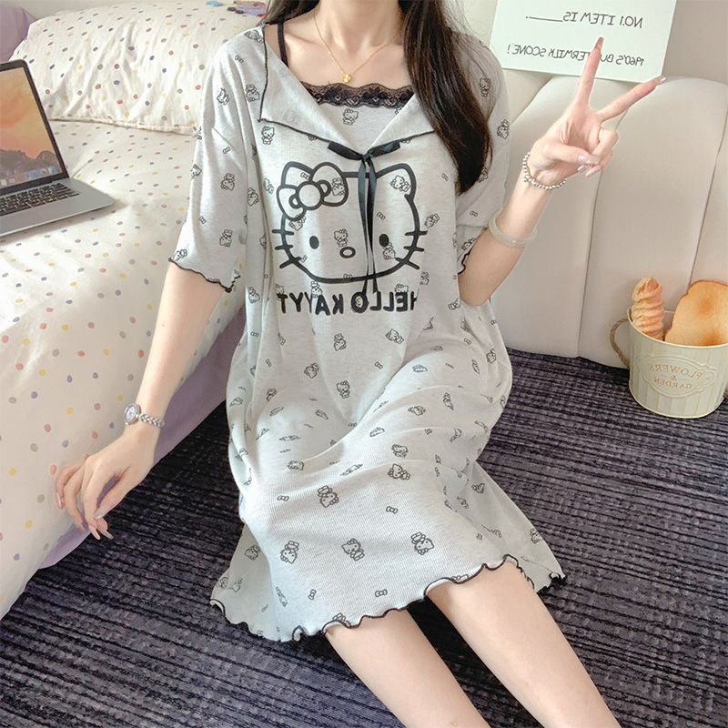 莫代尔睡裙女夏季短袖睡衣可爱学生卡通中长裙圆领网红夏天家居服