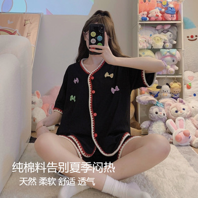 女纯棉蝴蝶结夏季睡衣套装短袖