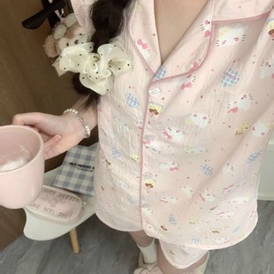2025新款 短裤 日系卡通kt猫睡衣女夏季 甜美可爱短袖 薄款 家居服套装