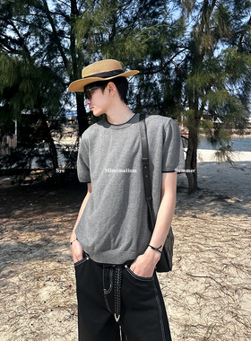 池边树/韩版老钱风简约高级感拼色针织T恤INS男休闲百搭慵懒半袖