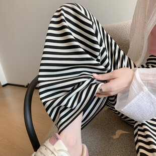 慵懒风黑白条纹阔腿裤子女春夏秋新款垂感宽松直筒休闲裤运动卫裤