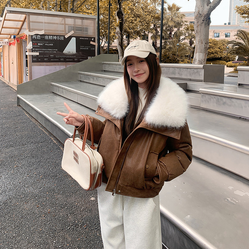 PU皮冬季新款羽绒棉服女短款加厚棉衣时尚百搭宽松大毛领棉袄外套