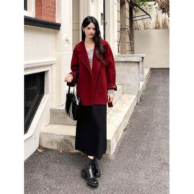 加厚西装领双面呢子大衣外套